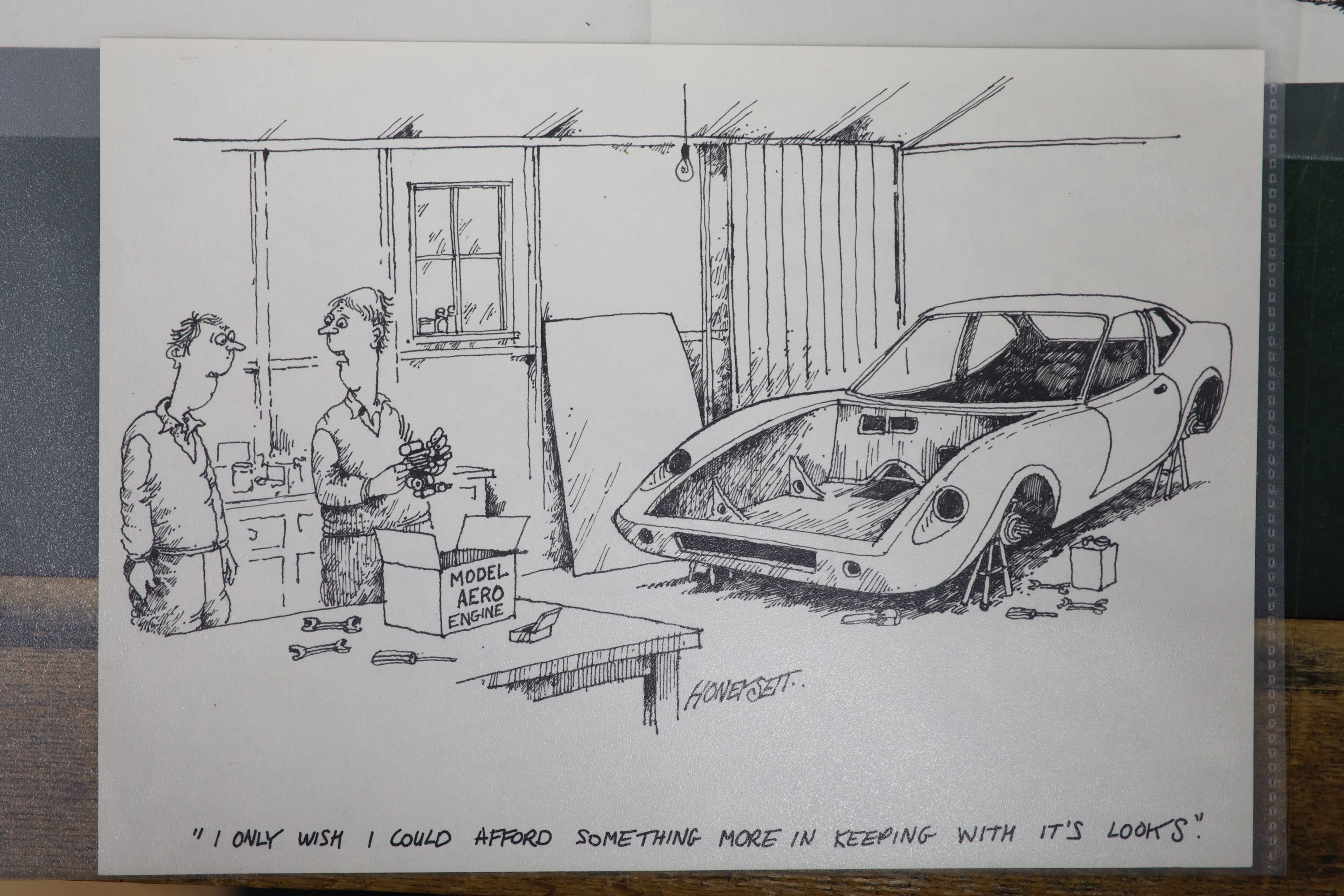 Martin Honeysett (b.1943-), five original cartoons, Tx Tripper, 'Old Volks..' (Kitcars June 82), Jaguar Mk2, fluffy car (Kitcars April 82) and small engine, signed, 20.5 x 30cm, unframed.